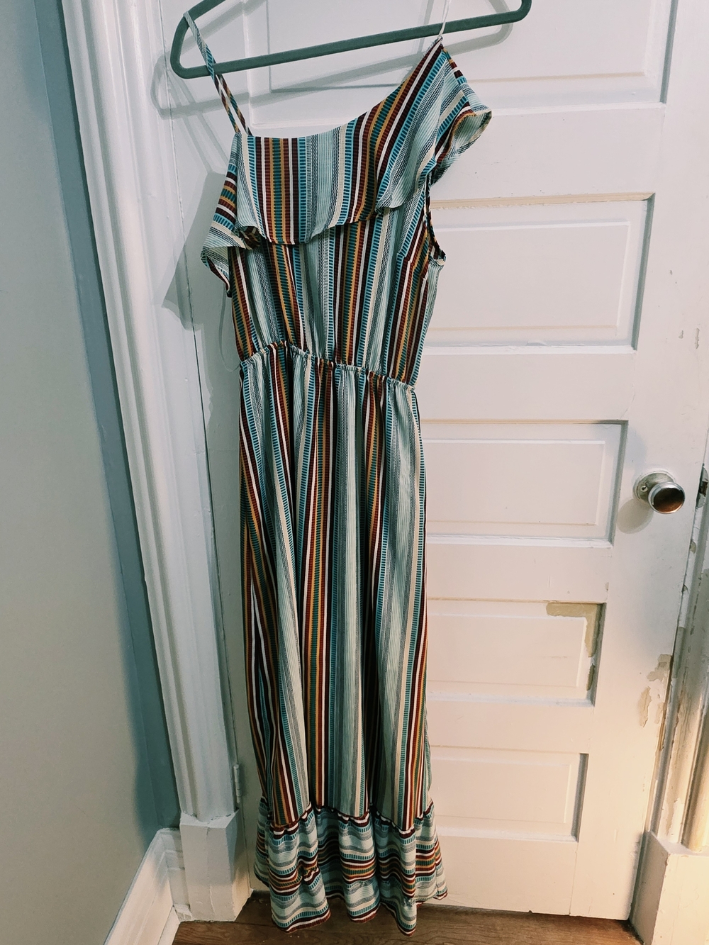 Striped Off-Shoulder Maxi Dress in Teal, Rust, Navy & Cream